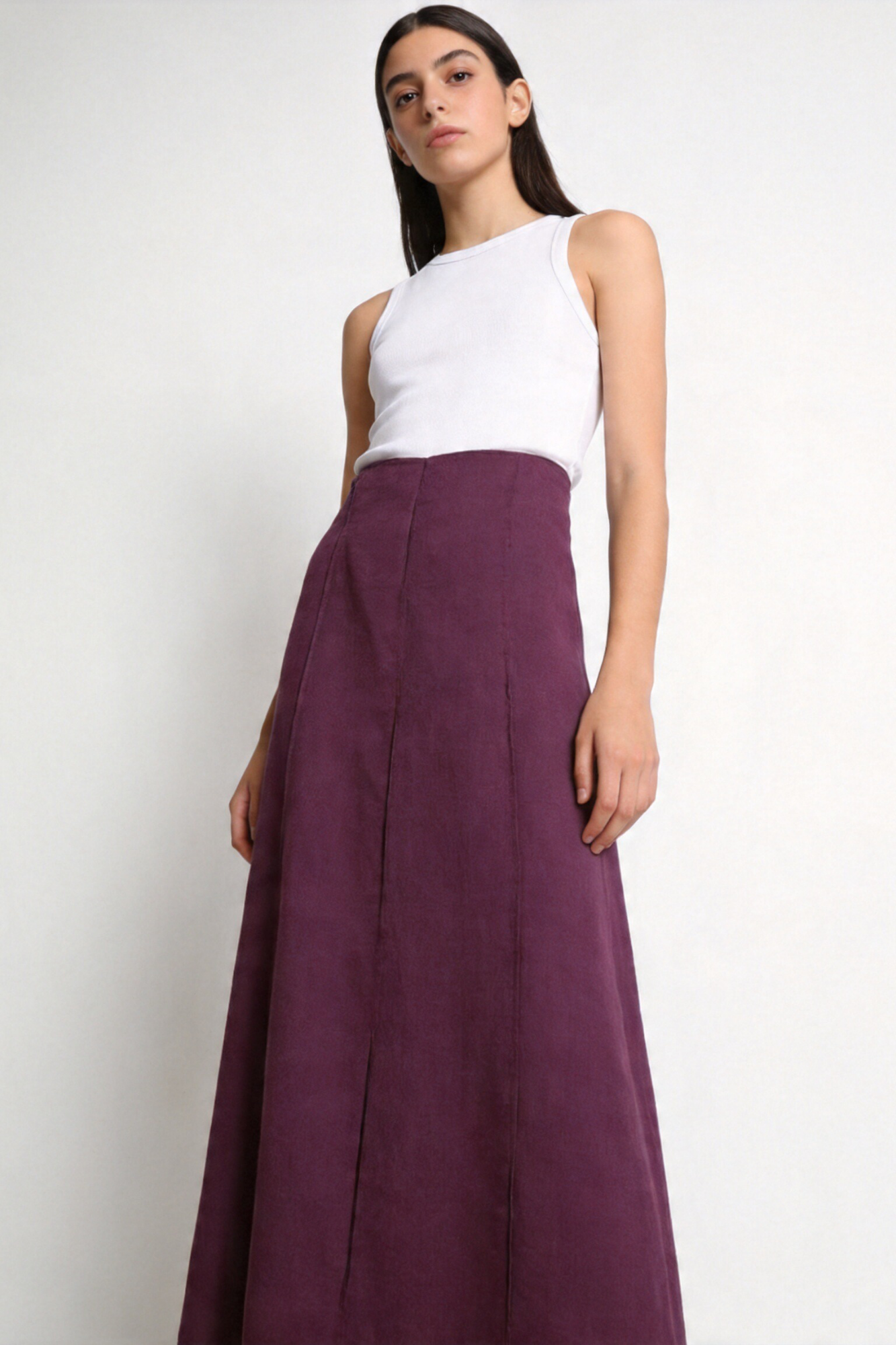 jupe midi lin viscose violet coupe ajustée