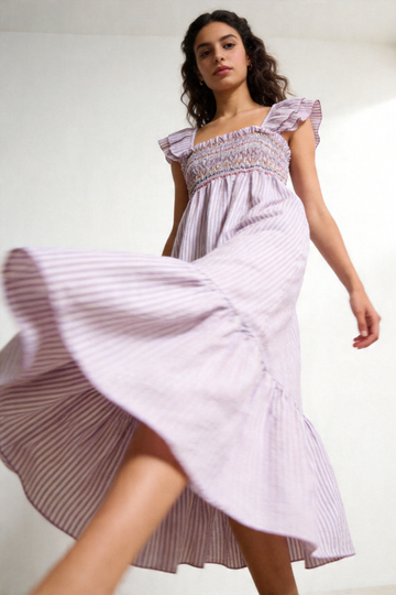 robe midi rayée lilas en mouvement