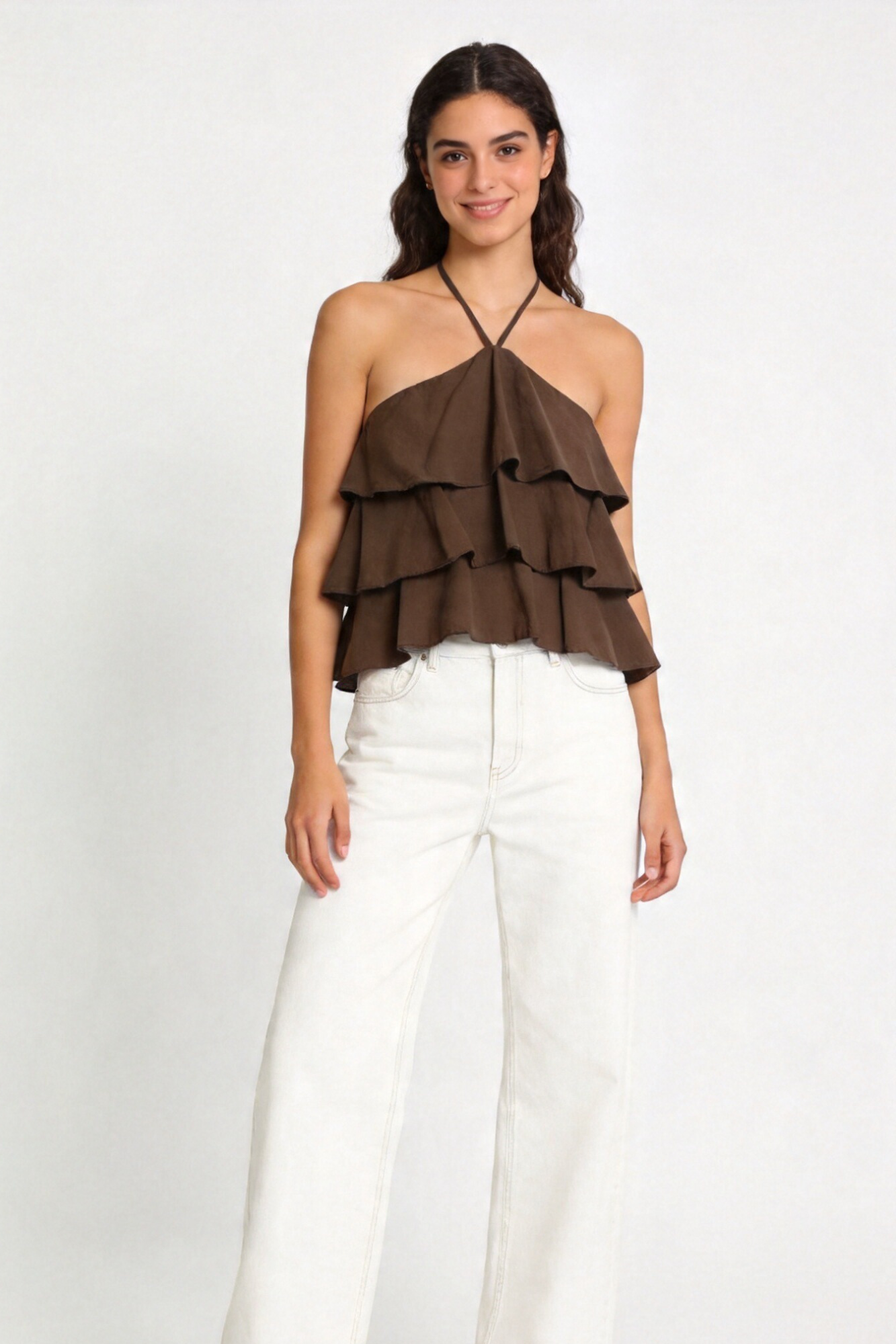 top halter coton marron porté femme