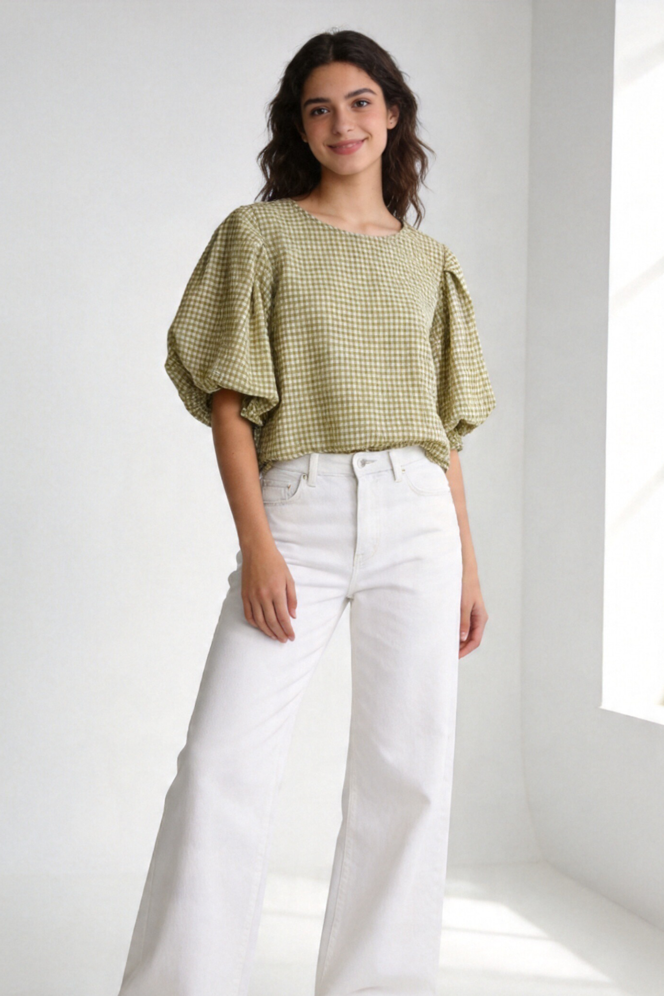 blouse à carreaux manches bouffantes olive