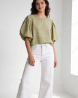 blouse à carreaux manches bouffantes olive