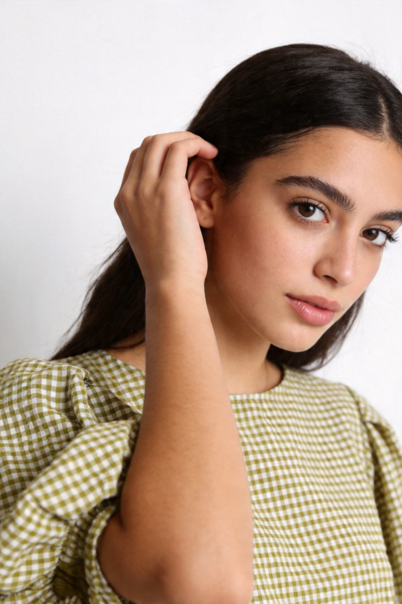 blouse à carreaux manches bouffantes détail épaule olive