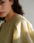 blouse à carreaux manches bouffantes rose