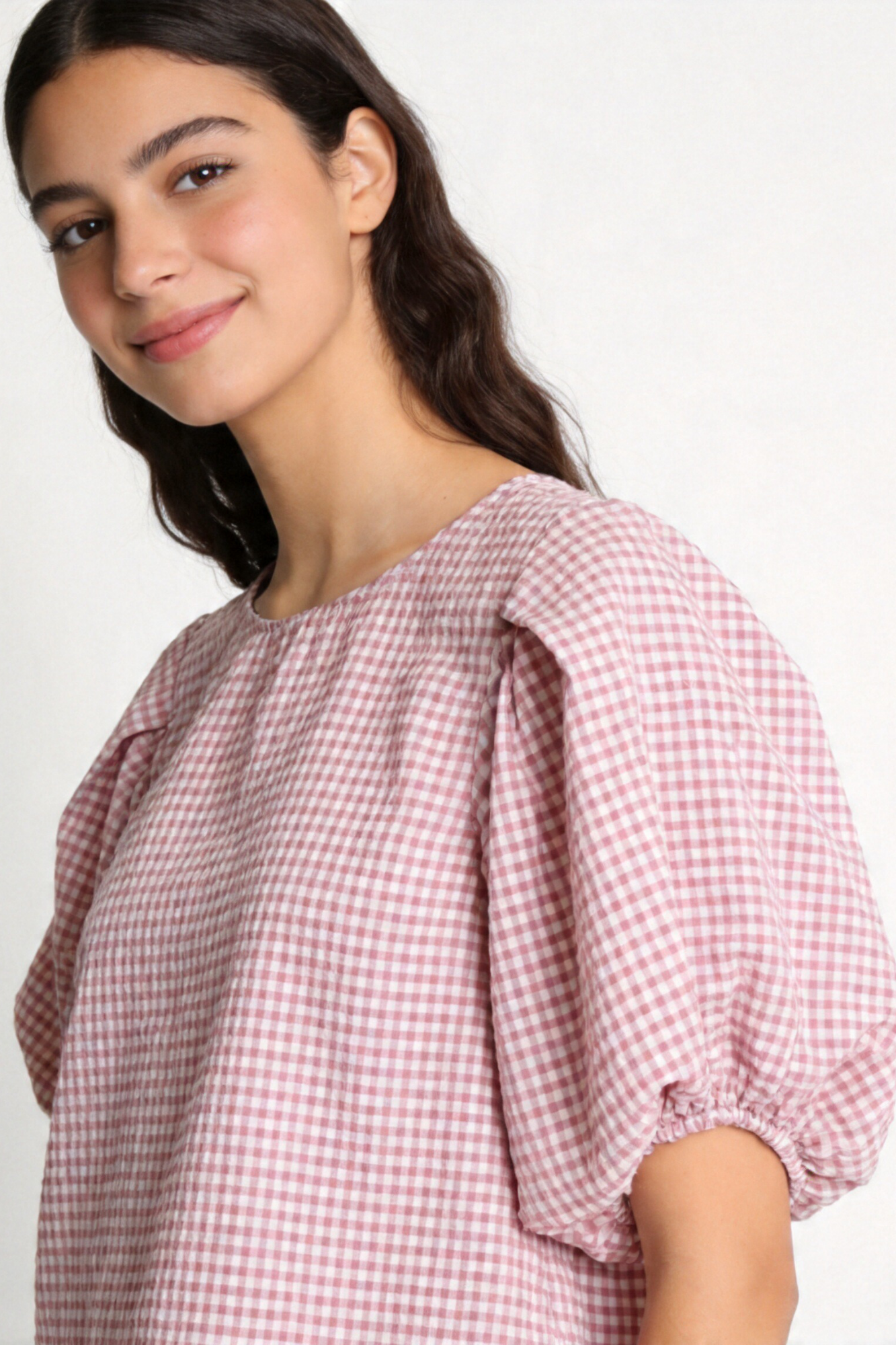 blouse à carreaux manches bouffantes bleu marine