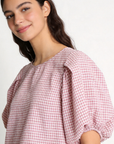 blouse à carreaux manches bouffantes bleu marine