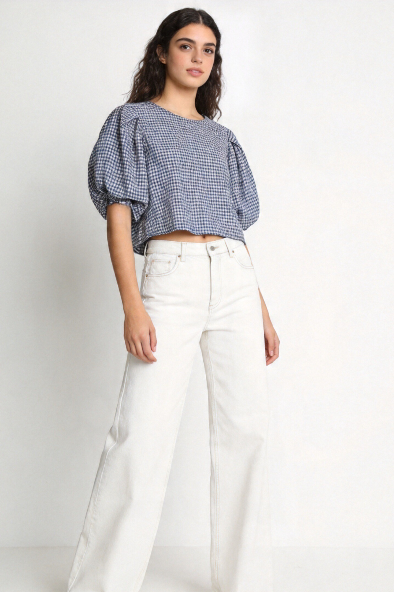 blouse à carreaux col rond détail tissu