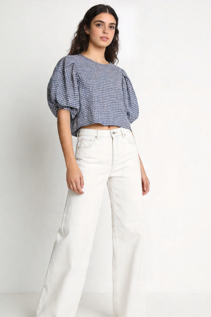 blouse à carreaux col rond détail tissu