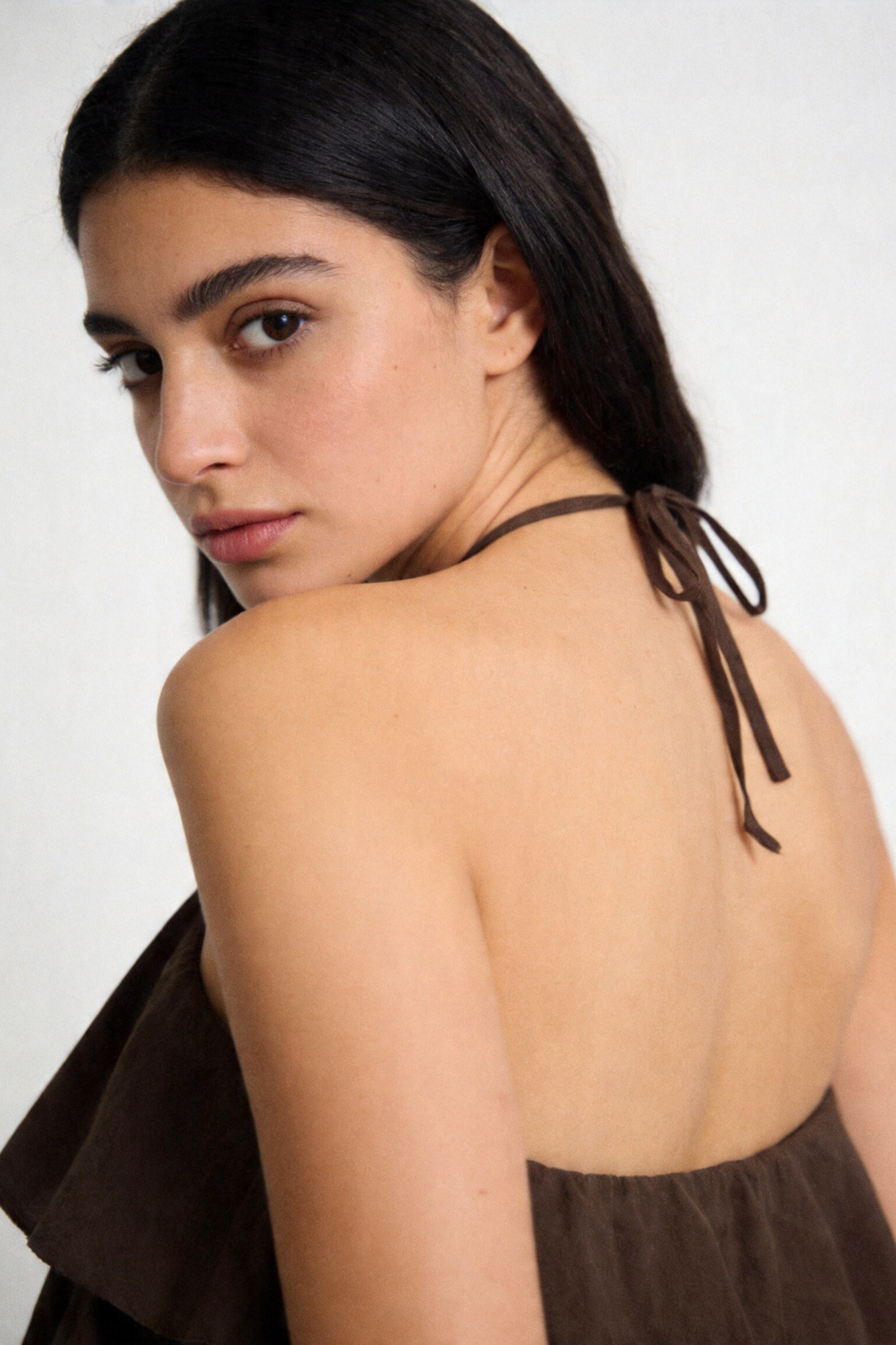 top halter coton marron détail dos nu
