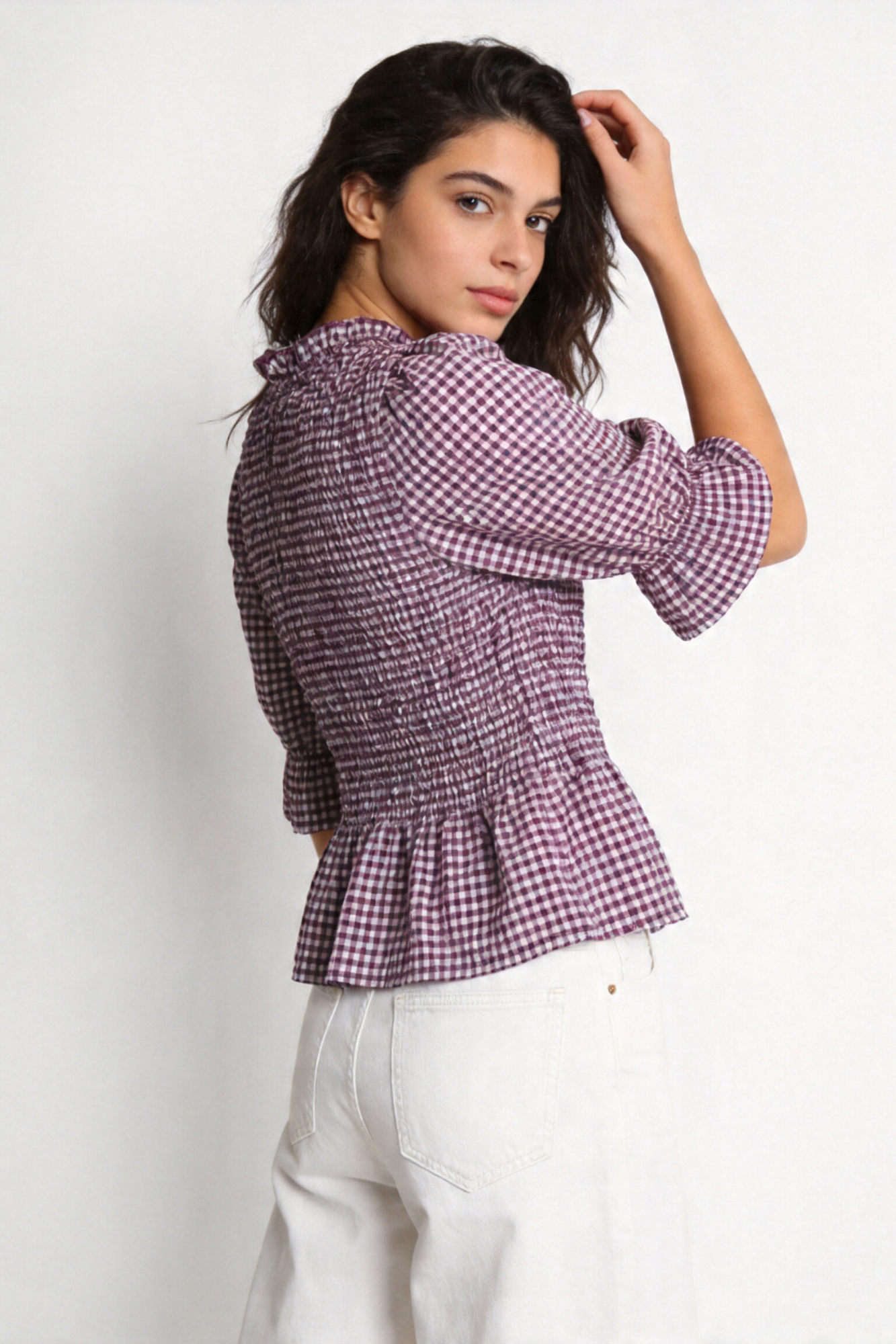 blouse à carreaux violet dos manches courtes