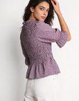 blouse à carreaux violet dos manches courtes
