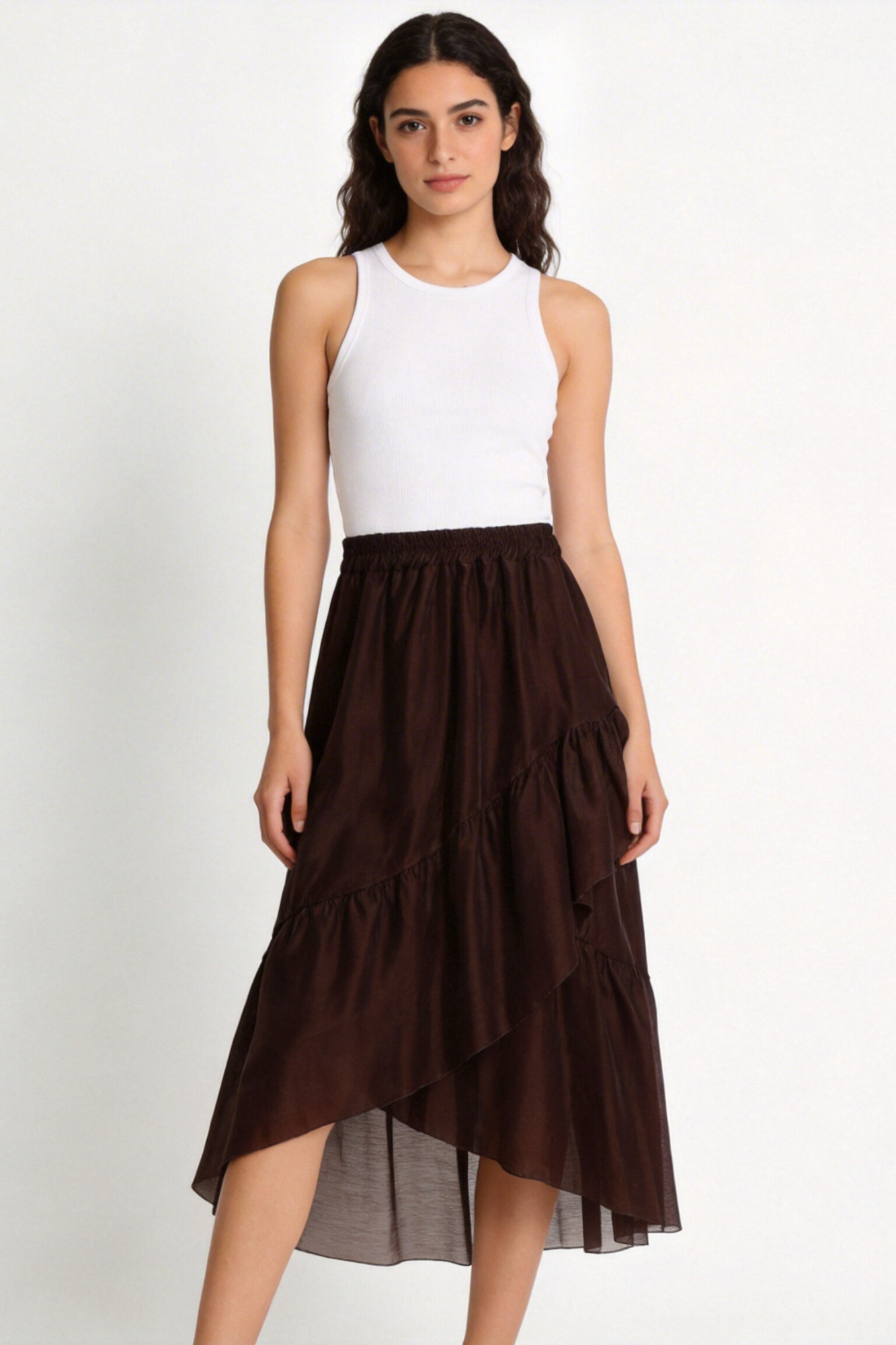 jupe tencel fluide femme marron portée face