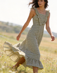 robe midi à carreaux volants verte portée