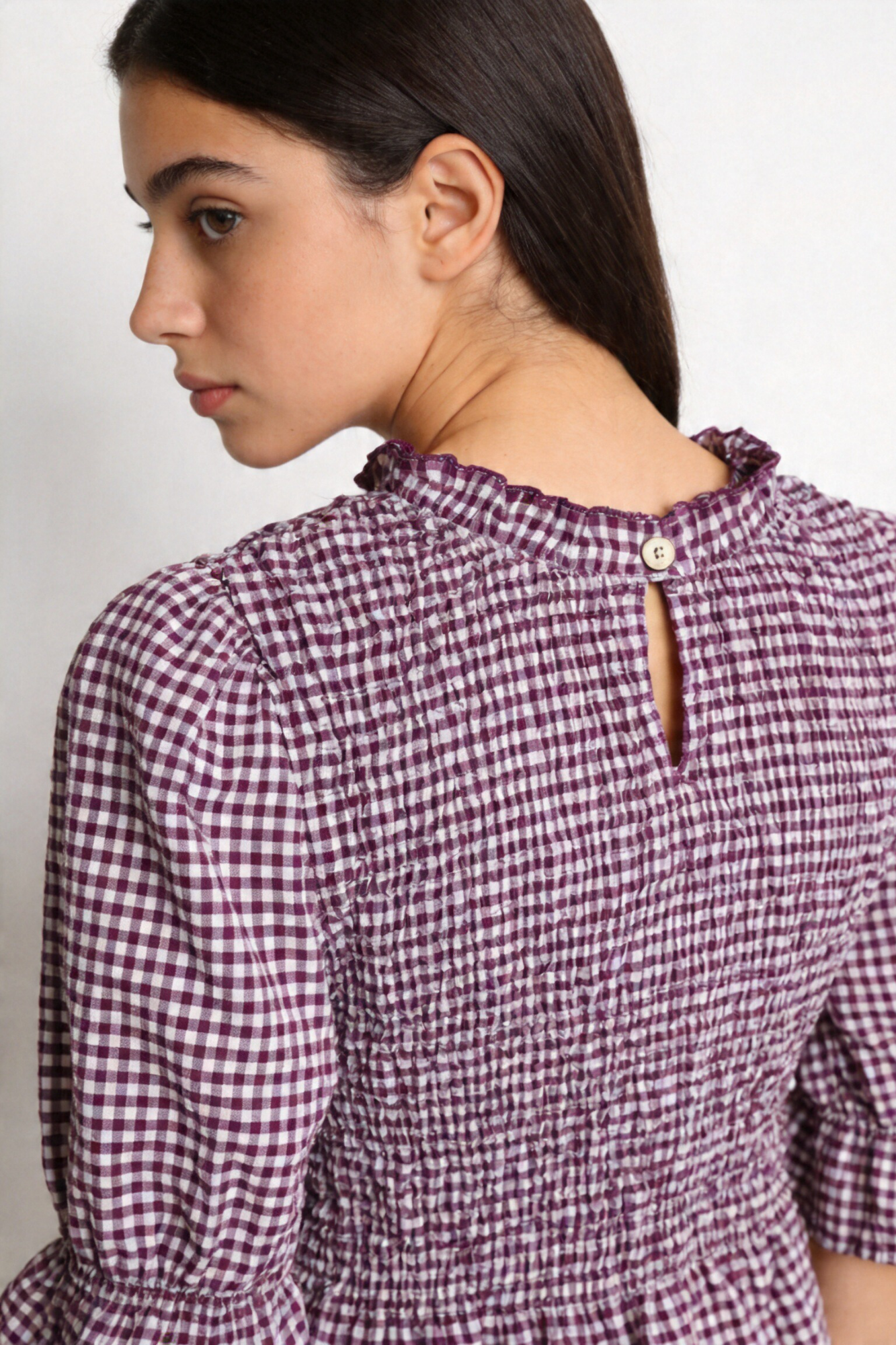 blouse à carreaux violet détail bouton dos