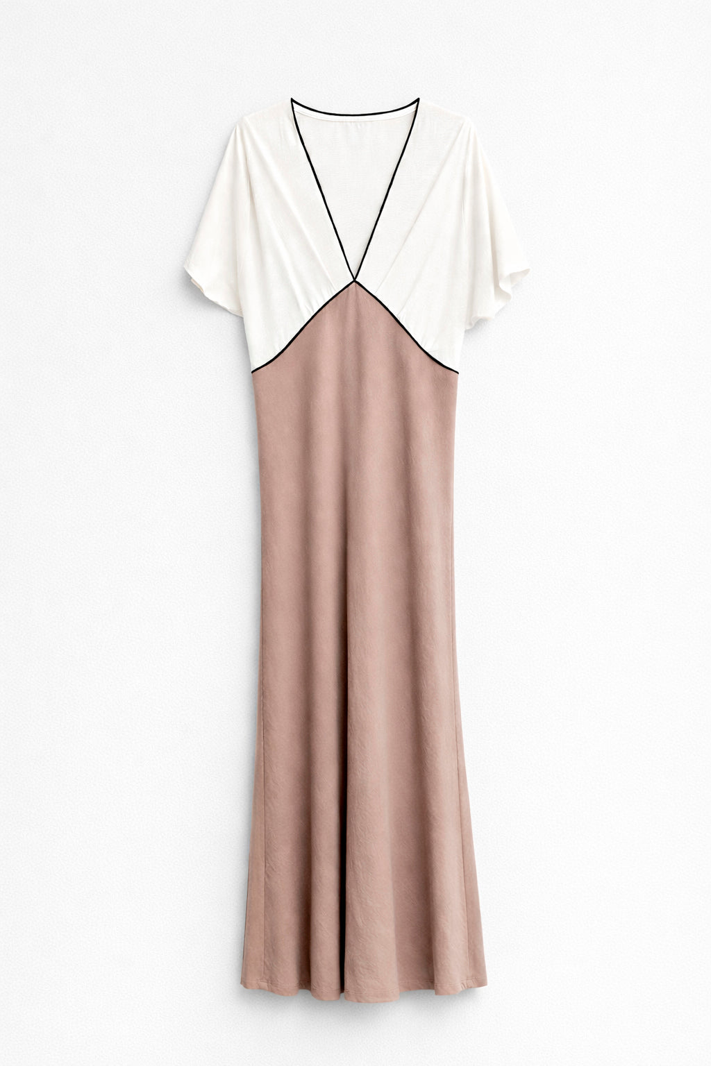 robe satinée beige à plat bàords contrastés