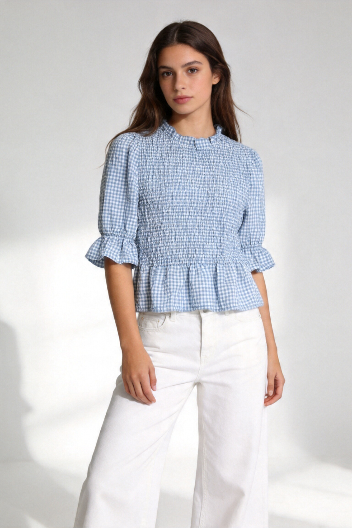 blouse à carreaux bleu clair col rond manches courtes