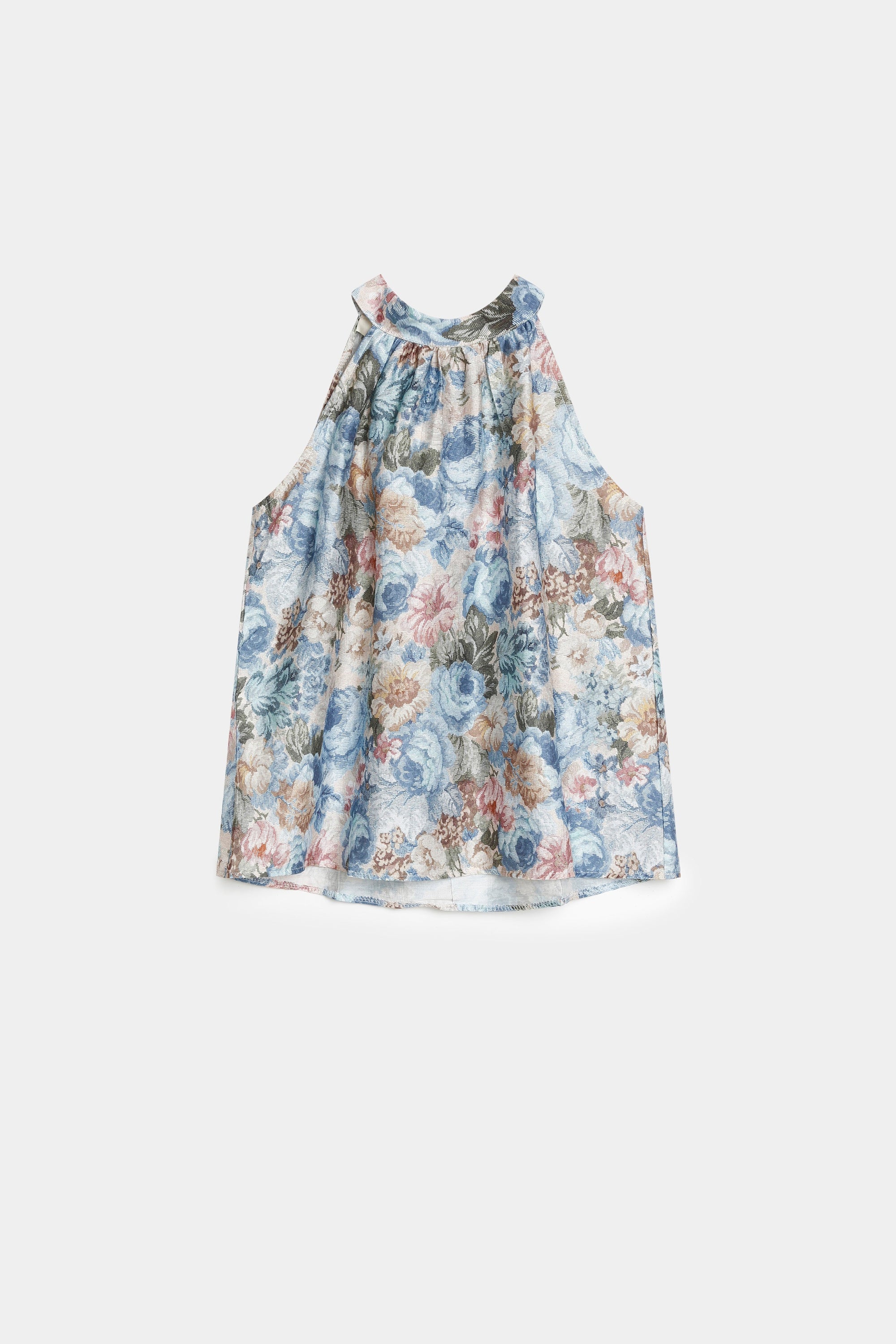 top halter imprimé fleurs face bleu clair