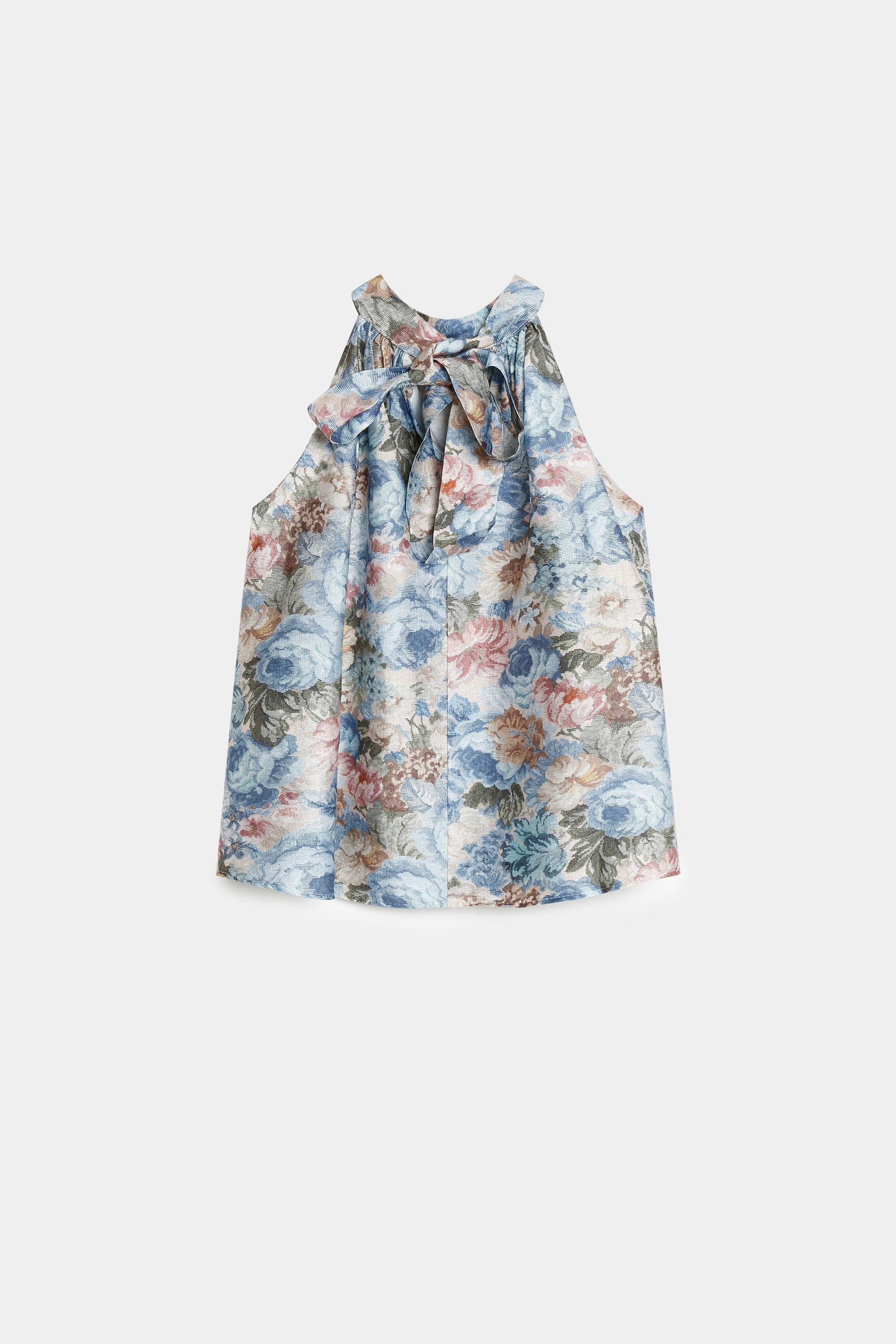 top halter imprimé fleurs dos bleu clair