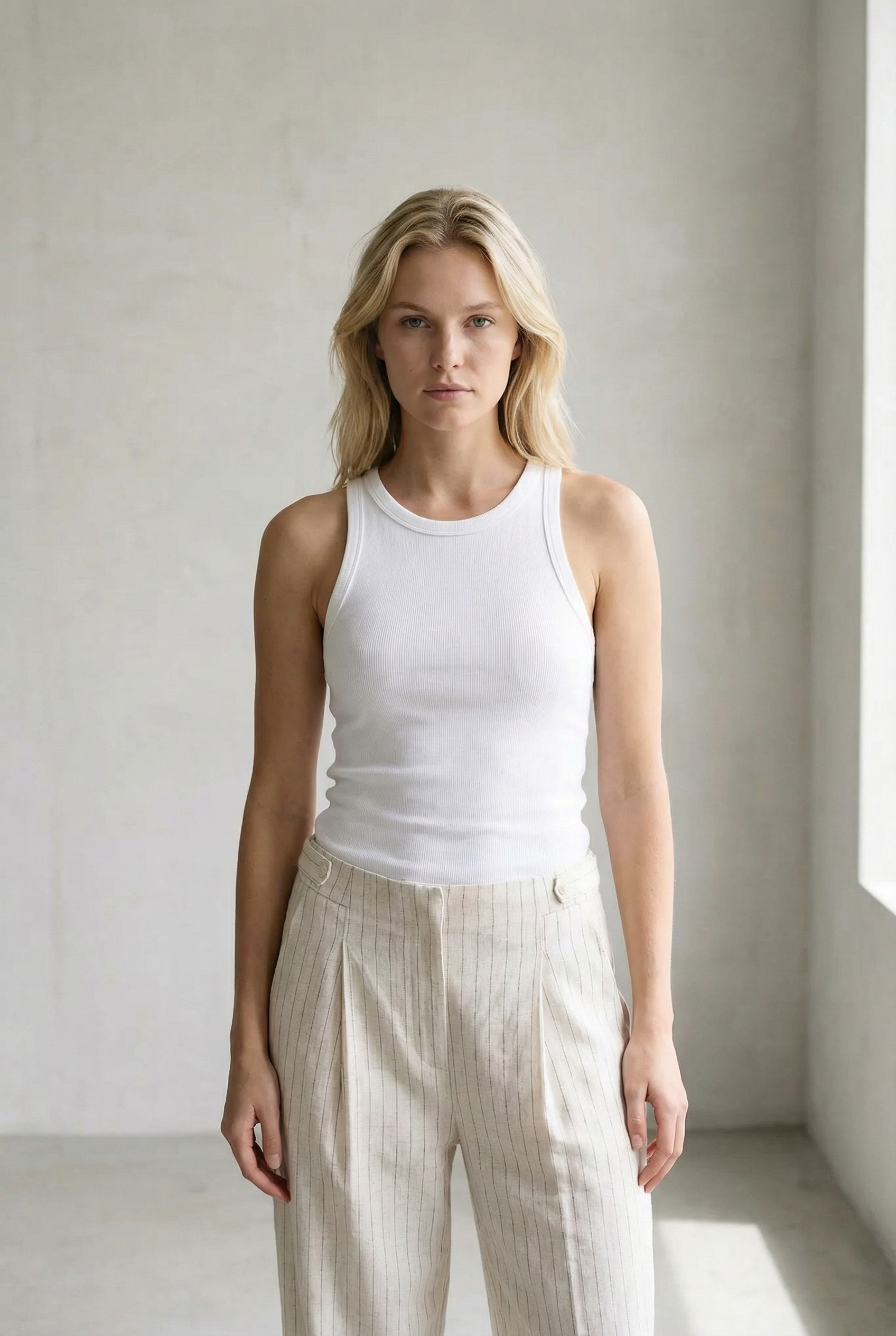 pantalon lin taille haute vu de face avec débardeur blanc