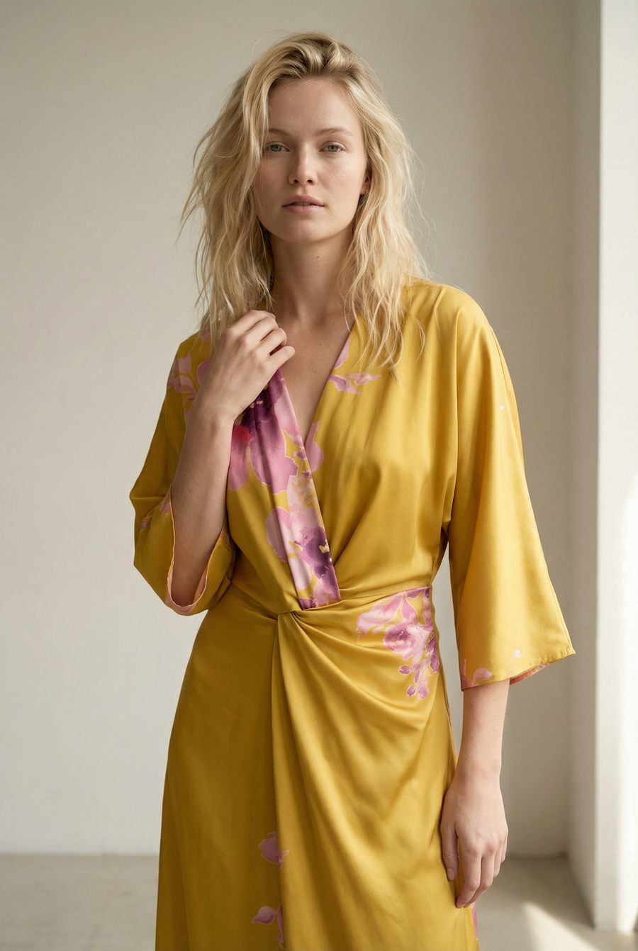 Robe satinée jaune à fleurs roses vue en buste, avec détail sur le col V et les manches larges