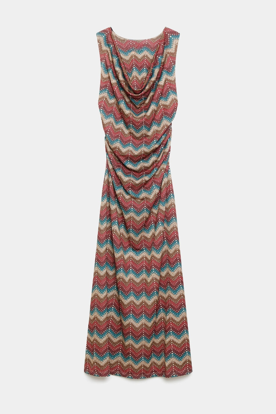 Vue arrière de la robe longue fluide multicolore, soulignant la coupe élégante et les plis.