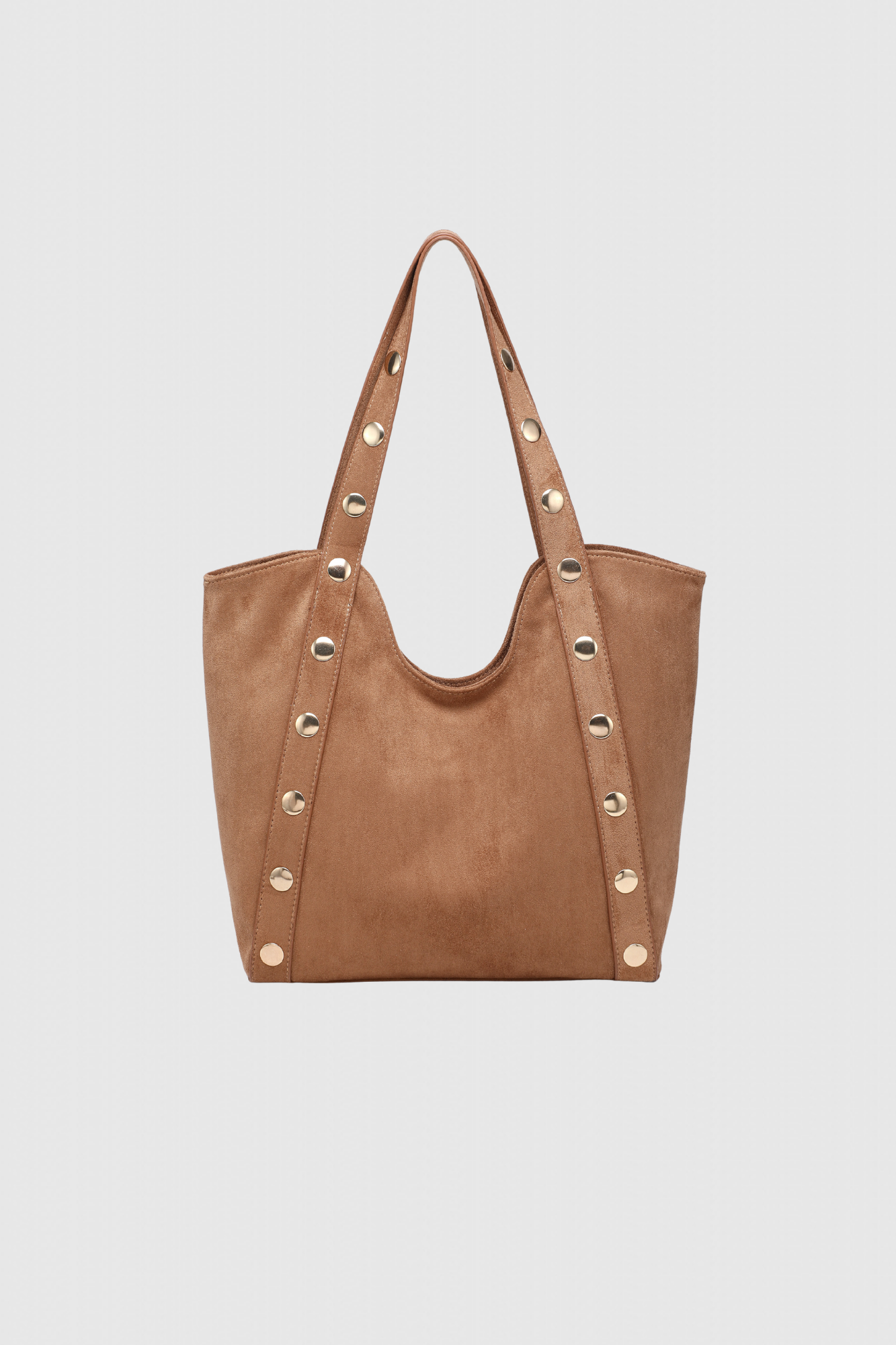 Sac shopper clouté élégant – Grand format polyvalent, vue avant d'un sac en suède bordeaux avec détails dorés.