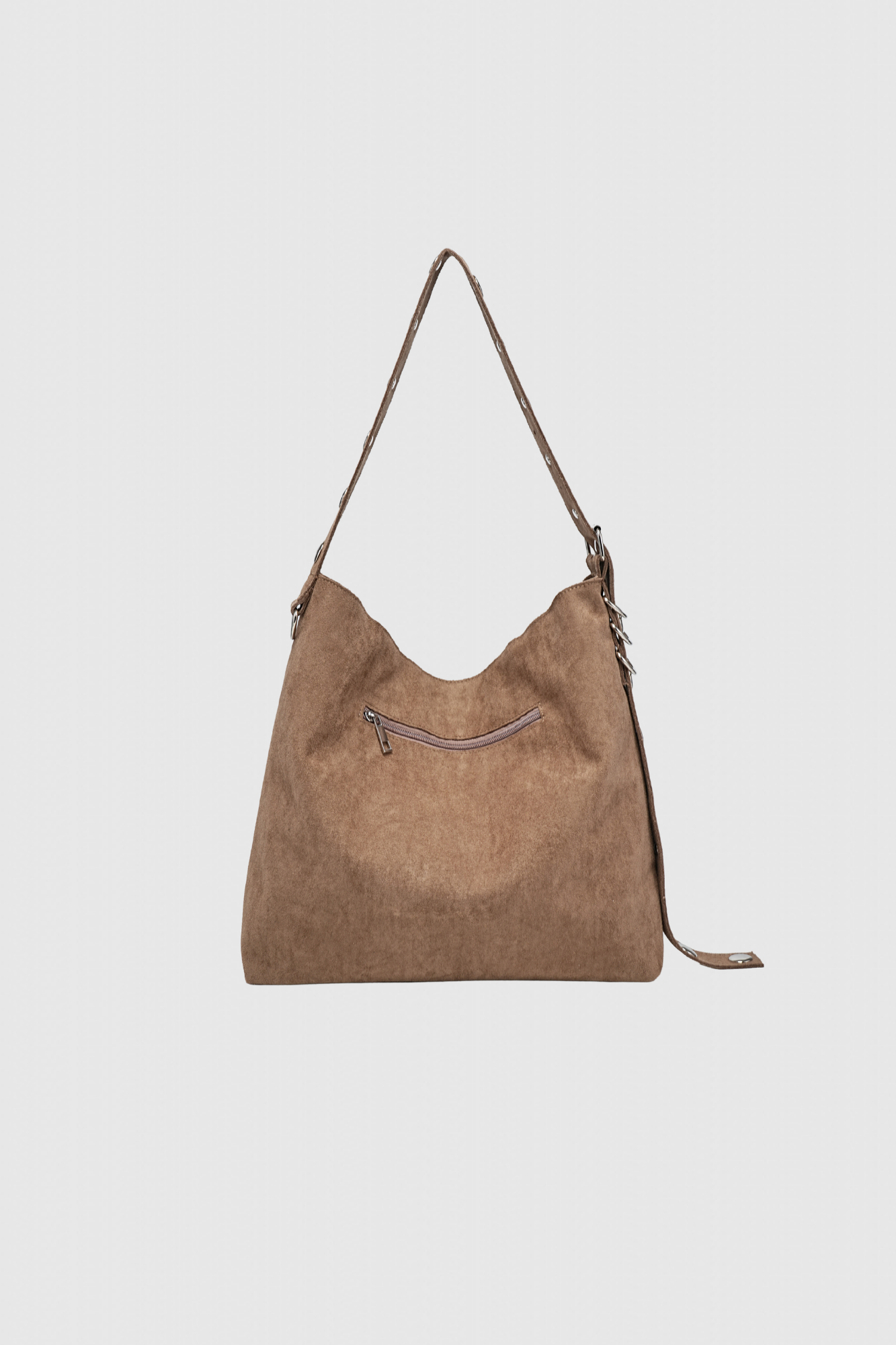 Sac à main simili cuir femme vue arrière, avec une poche zippée, couleur marron clair.