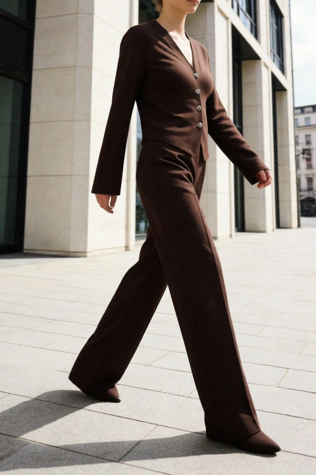 Modèle en mouvement portant un ensemble deux pièces coton femme en marron, avec une veste à col V et des boutons décoratifs.