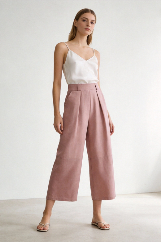 Femme en pantalon court plissé taille haute ceinture élastique à poches rose, projetant un look détendu et stylé tout en marchant avec assurance. Pantalon plissé femme.