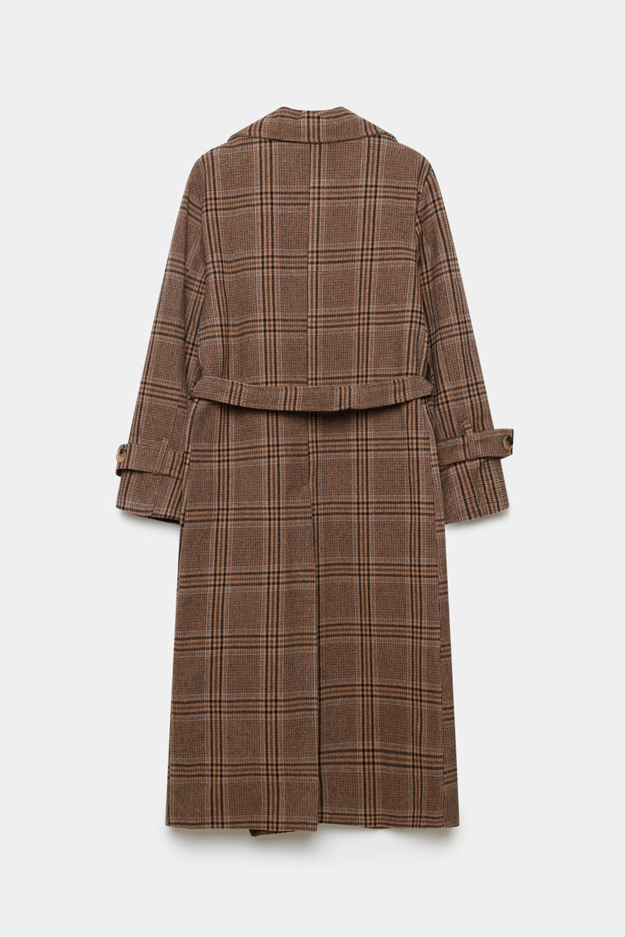 Manteau long femme en coton coupe ceinturée, vue arrière d'un manteau à plat, montrant le design et la finition soignée.