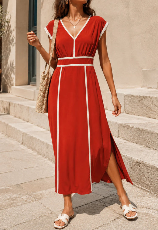 Robe évasée col V à liserés vue principale