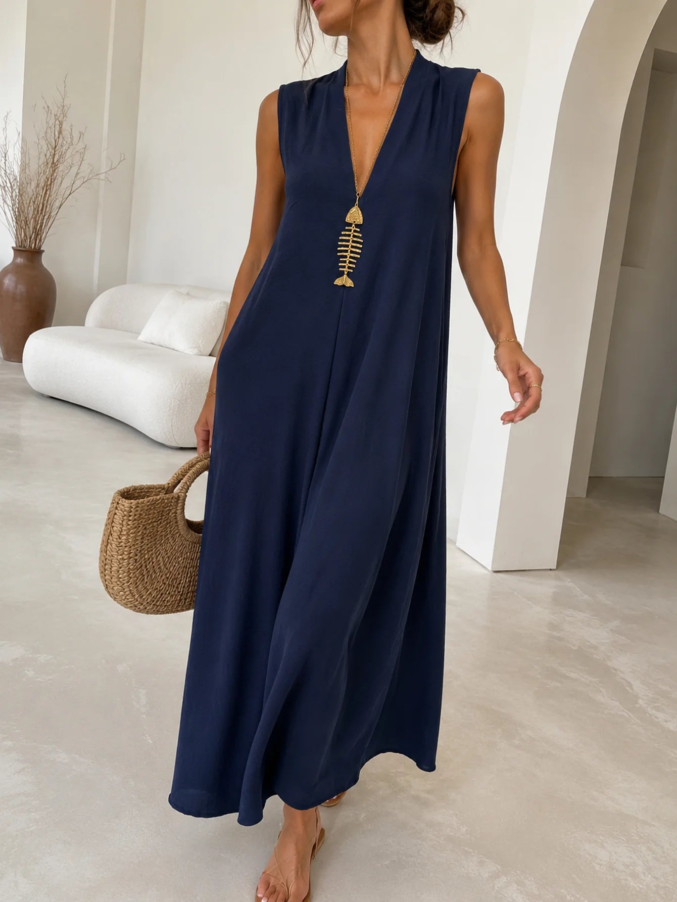 Robe maxi évasée col V chocolat vue 9
