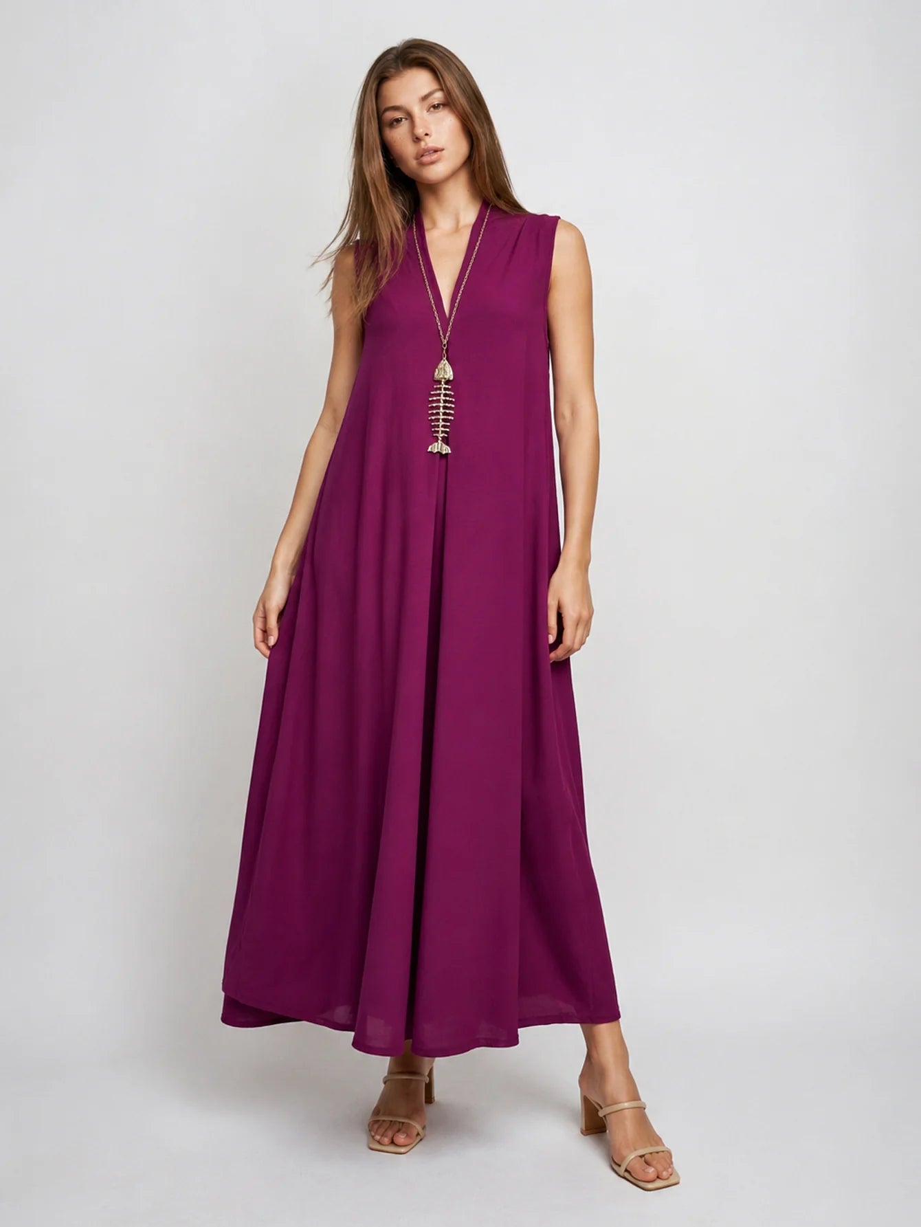 Robe maxi évasée col V chocolat vue 11