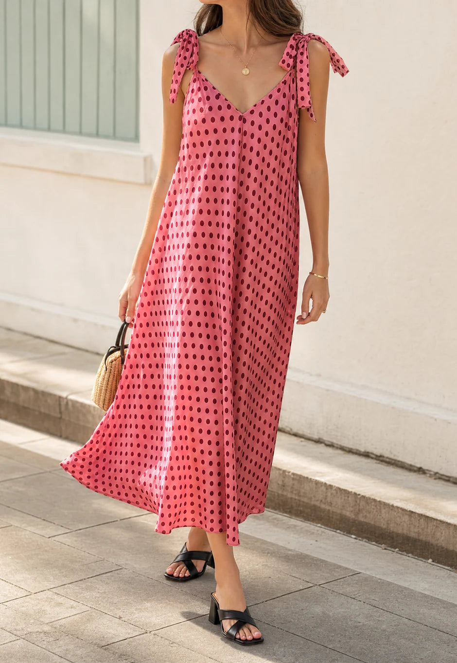 Robe trapèze longue à pois bretelles à nouer vue 10