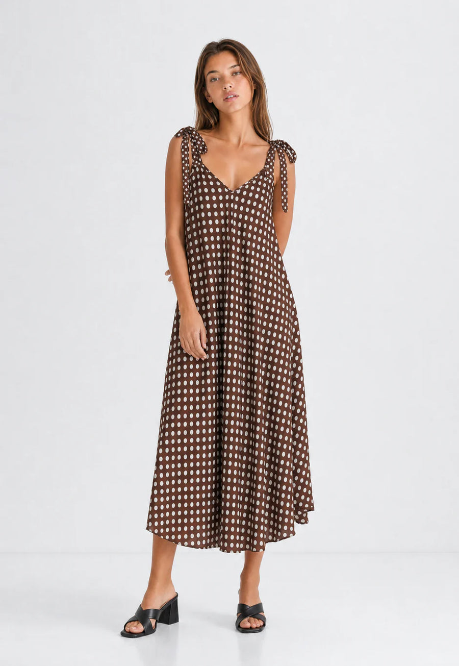 Robe trapèze longue à pois bretelles à nouer vue principale