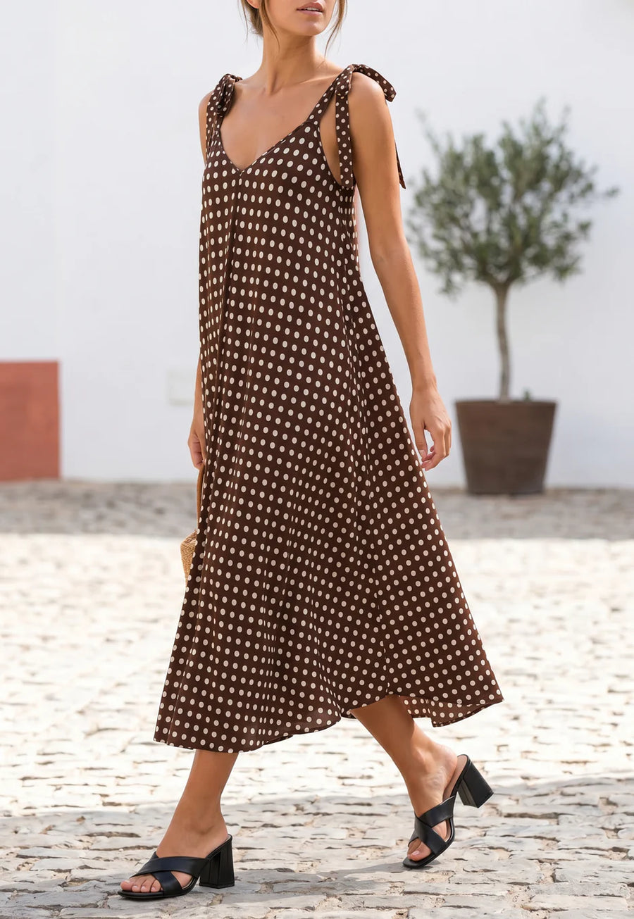 Robe trapèze longue à pois bretelles à nouer look complet