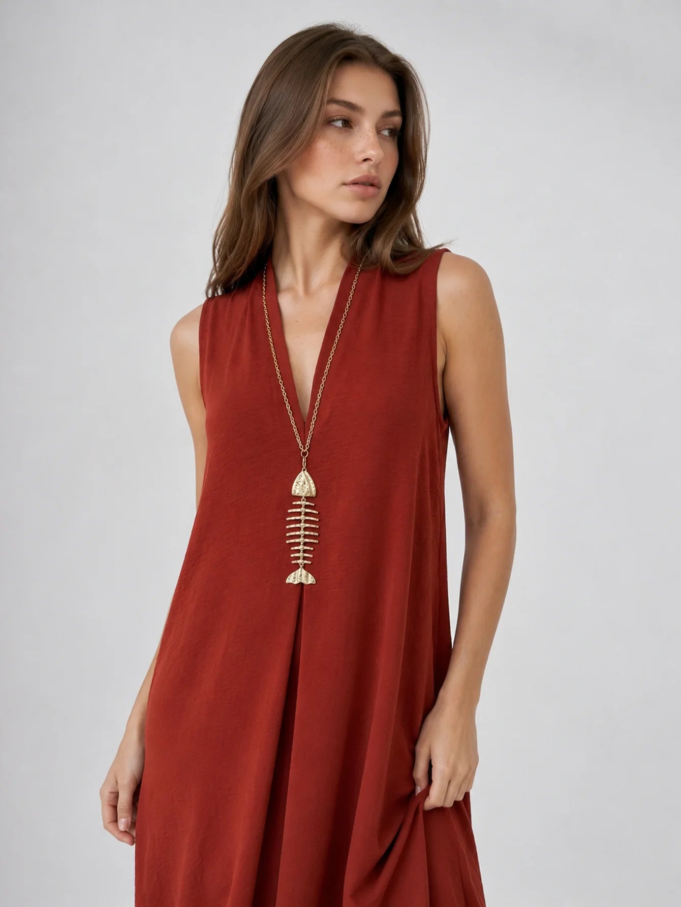 Robe maxi évasée col V chocolat vue 19