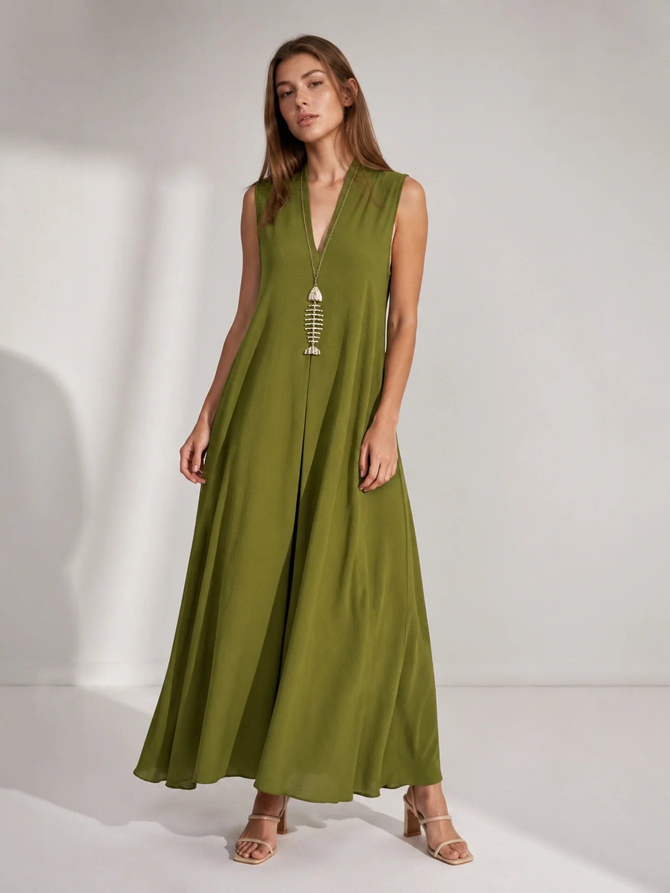 Robe maxi évasée col V chocolat vue 10