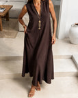 Robe maxi évasée col V chocolat look complet