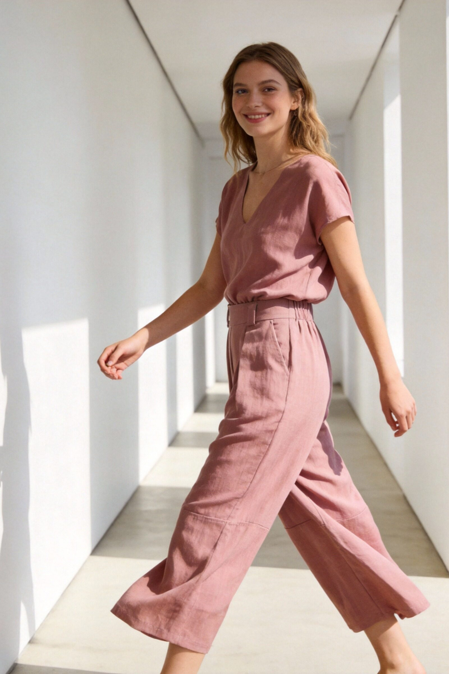 Femme marchant avec grâce dans un pantalon court plissé taille haute ceinture élastique à poches de couleur rose, affichant une allure moderne et élégante. Pantalon plissé femme.