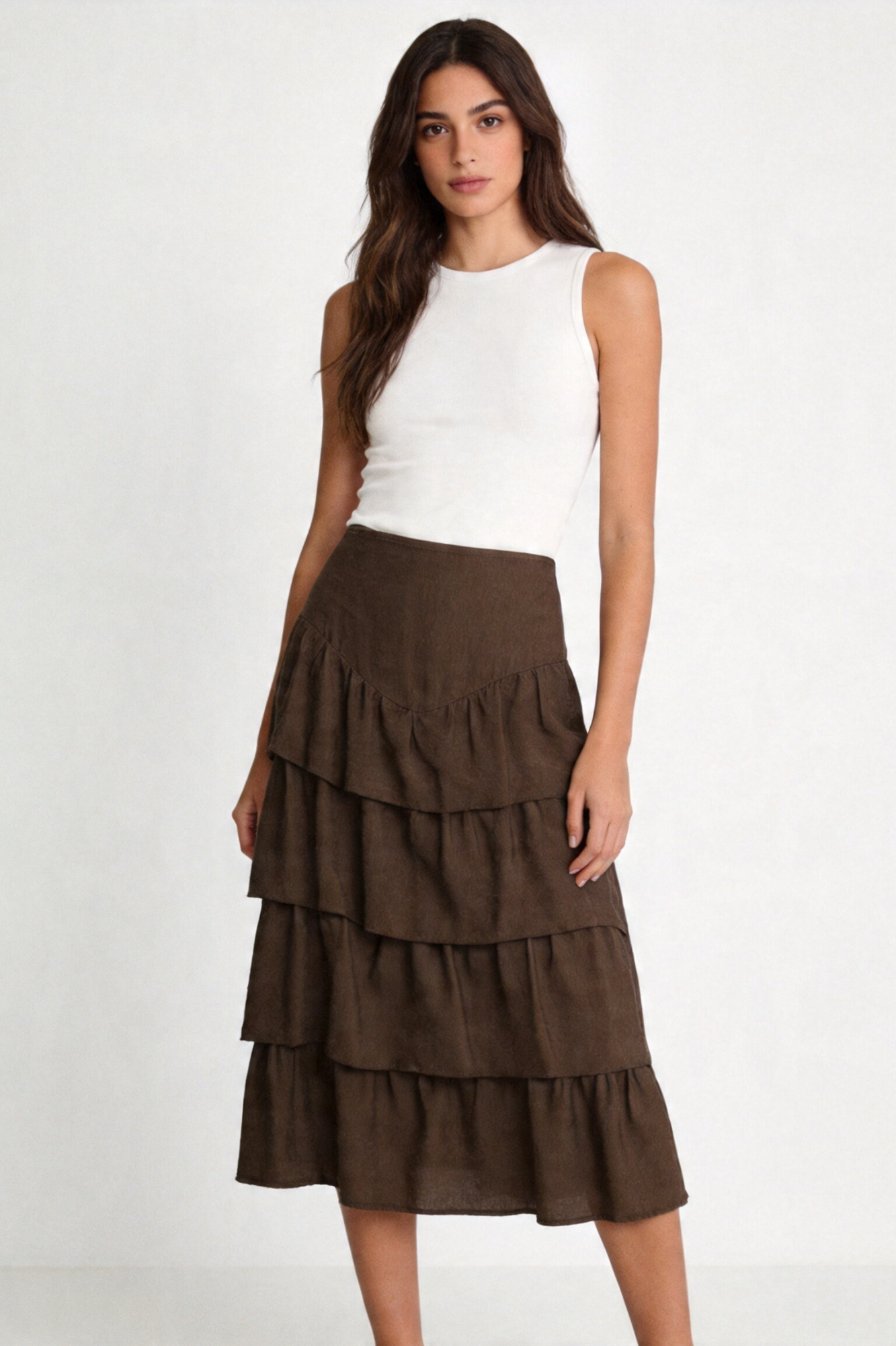 jupe midi volants brown portée
