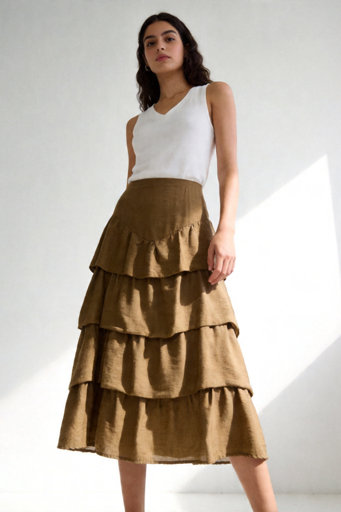jupe midi volants olive portée