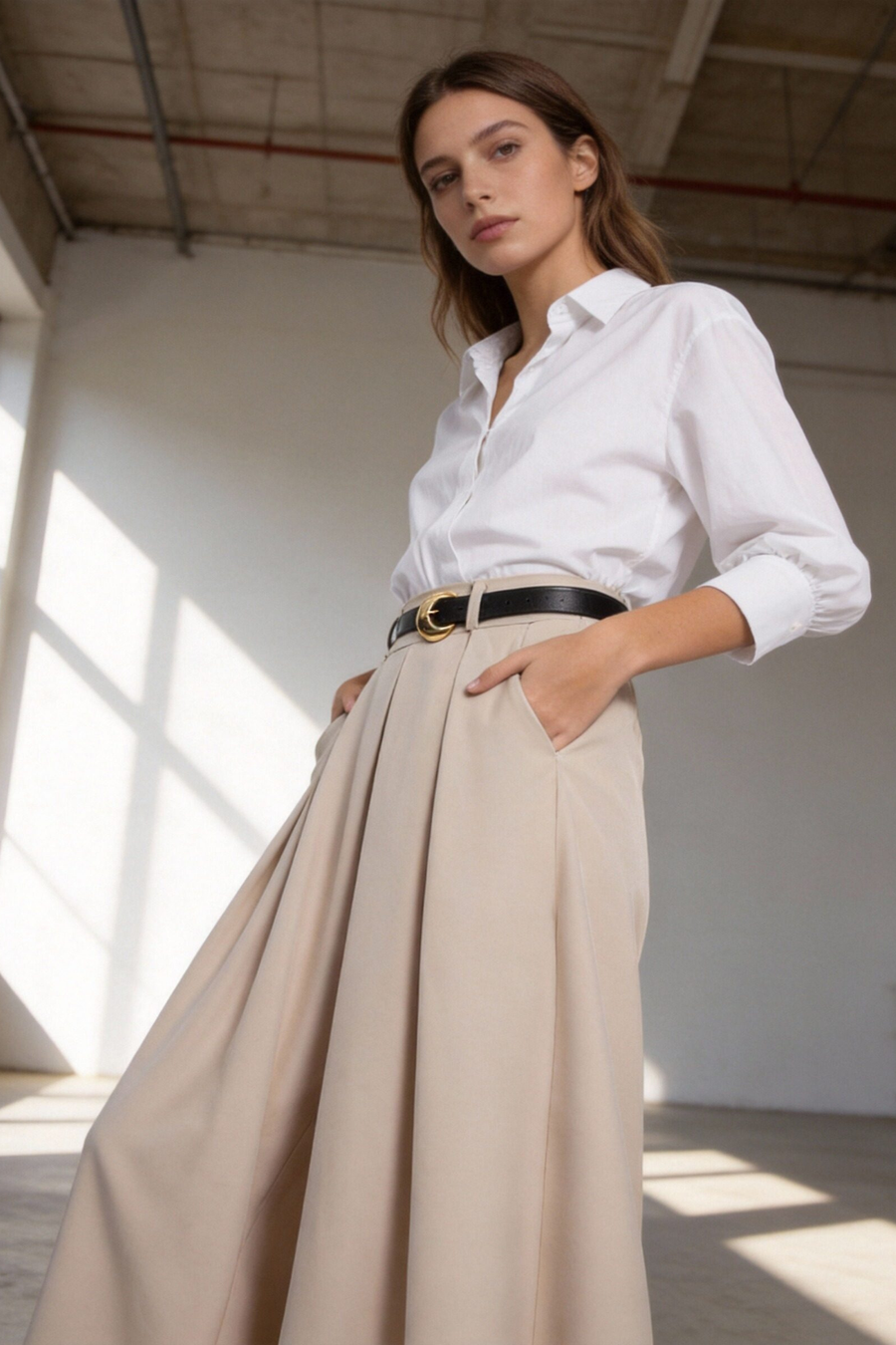 Gros plan sur une femme en pantalon fluide taille haute femme, avec des poches, en pose chic, mettant en valeur sa silhouette moderne.
