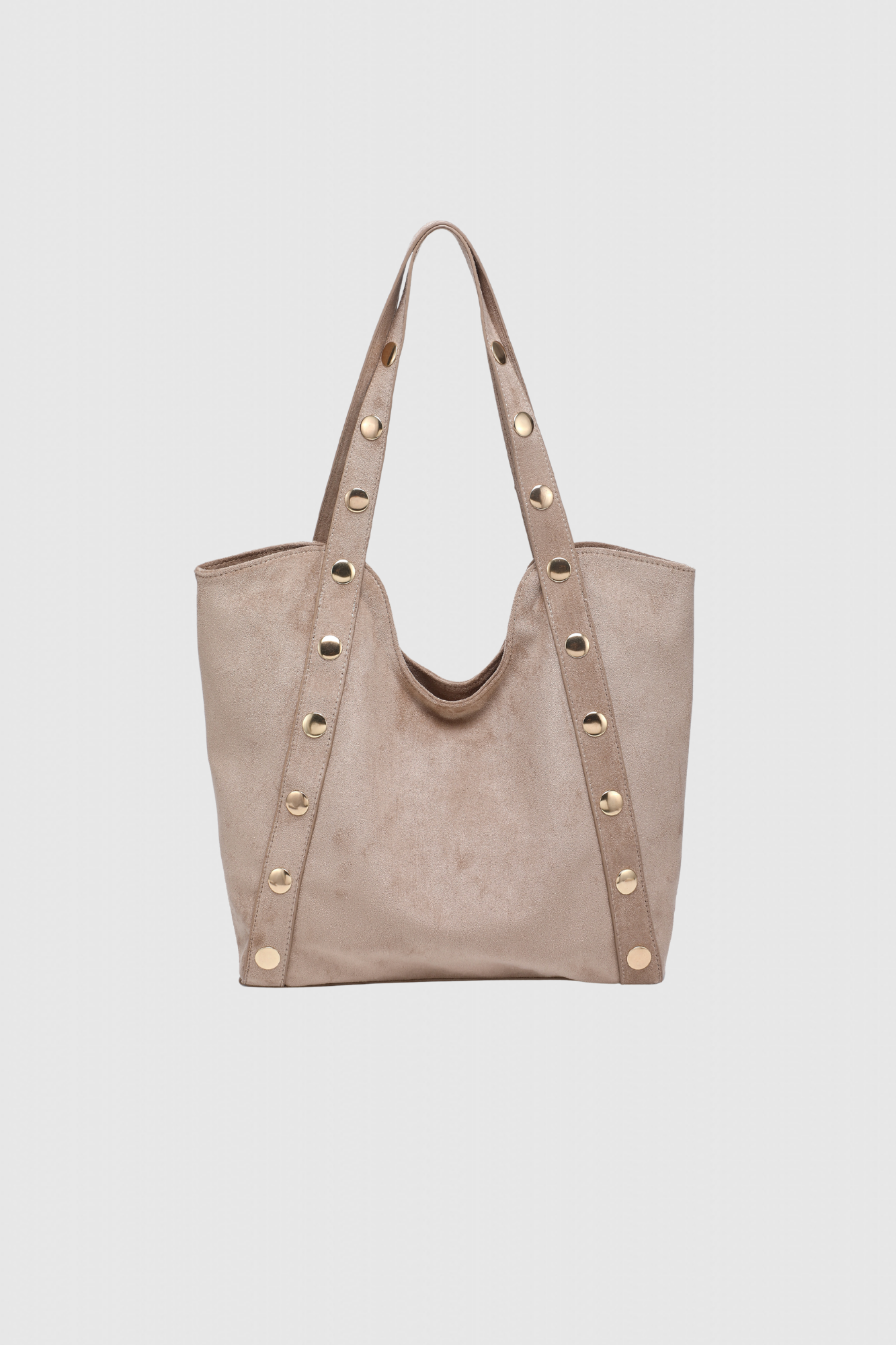 Sac shopper clouté élégant – Grand format polyvalent, en suède beige et détails cloutés dorés, idéal pour compléter une tenue.