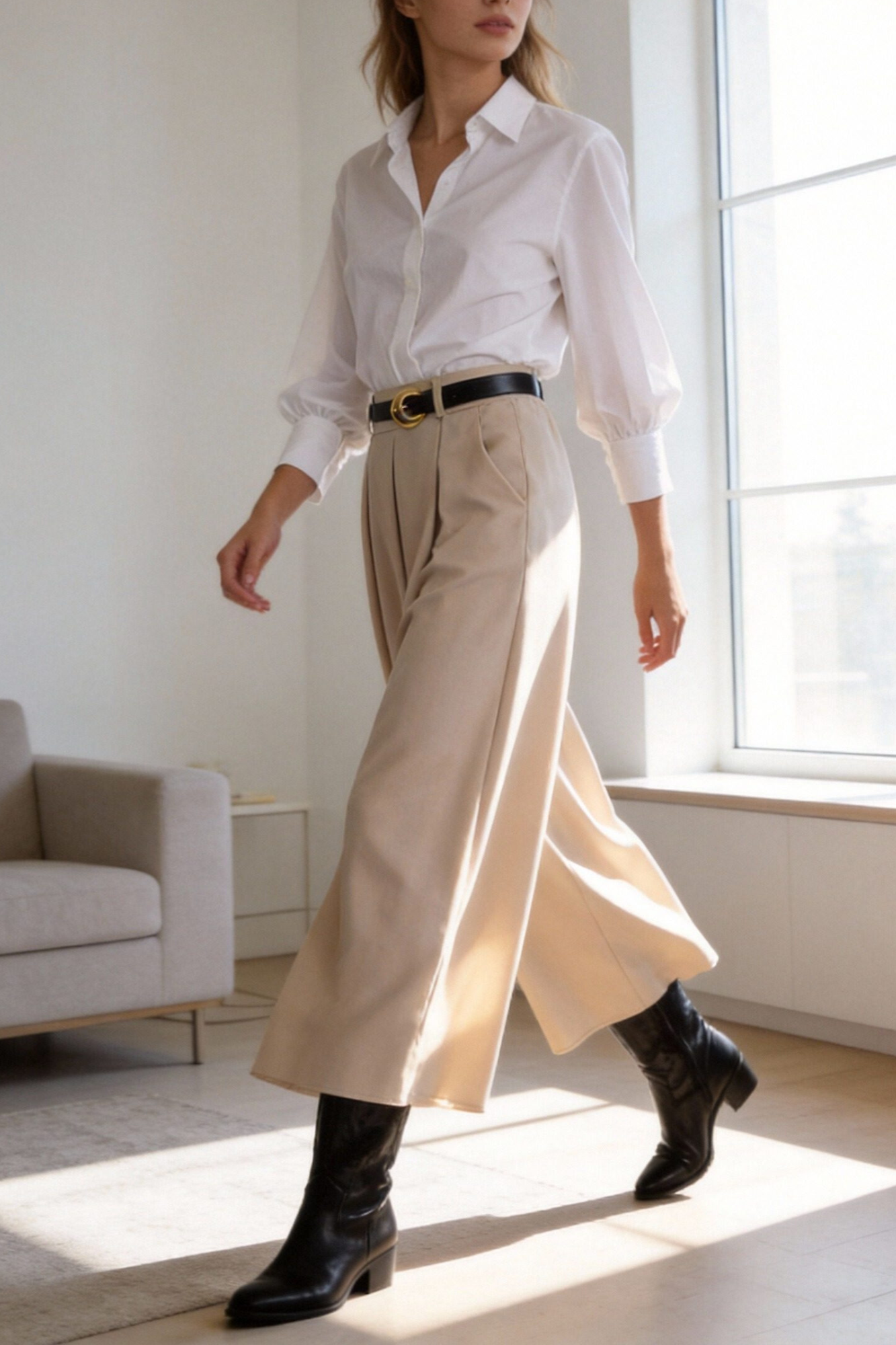 Femme portant un pantalon fluide taille haute femme, stylistiquement élégant avec une chemise blanche, jambe large, lors d'une promenade à l'intérieur.