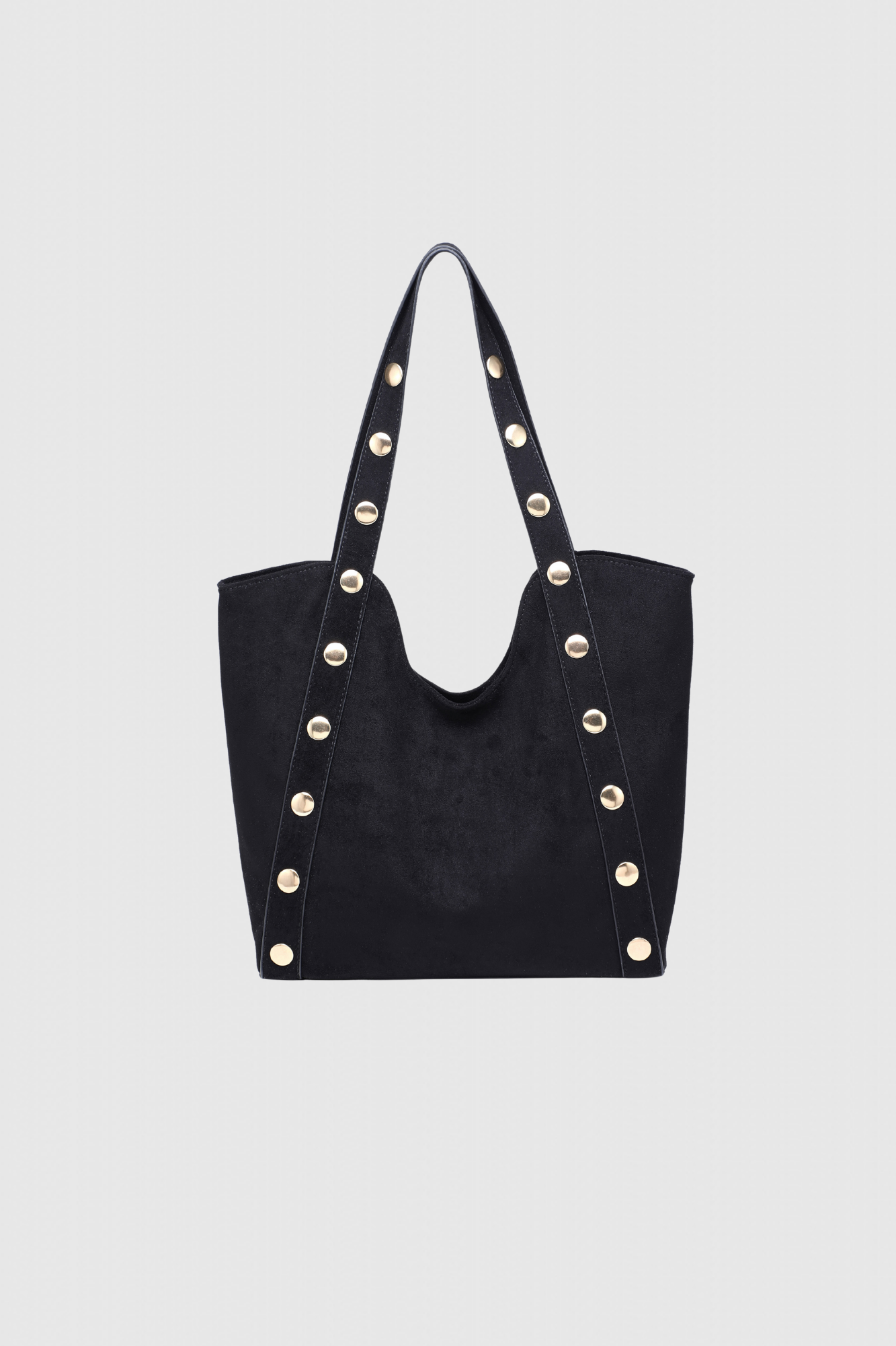 Sac shopper clouté élégant – Grand format polyvalent, version noire en suède avec détails cloutés, adapté pour tous les jours.