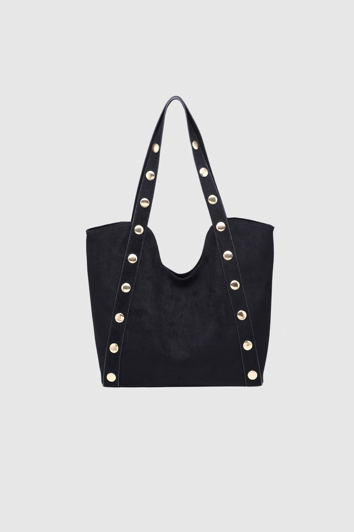 Sac cabas noir à anses cloutées dorées, vue de face