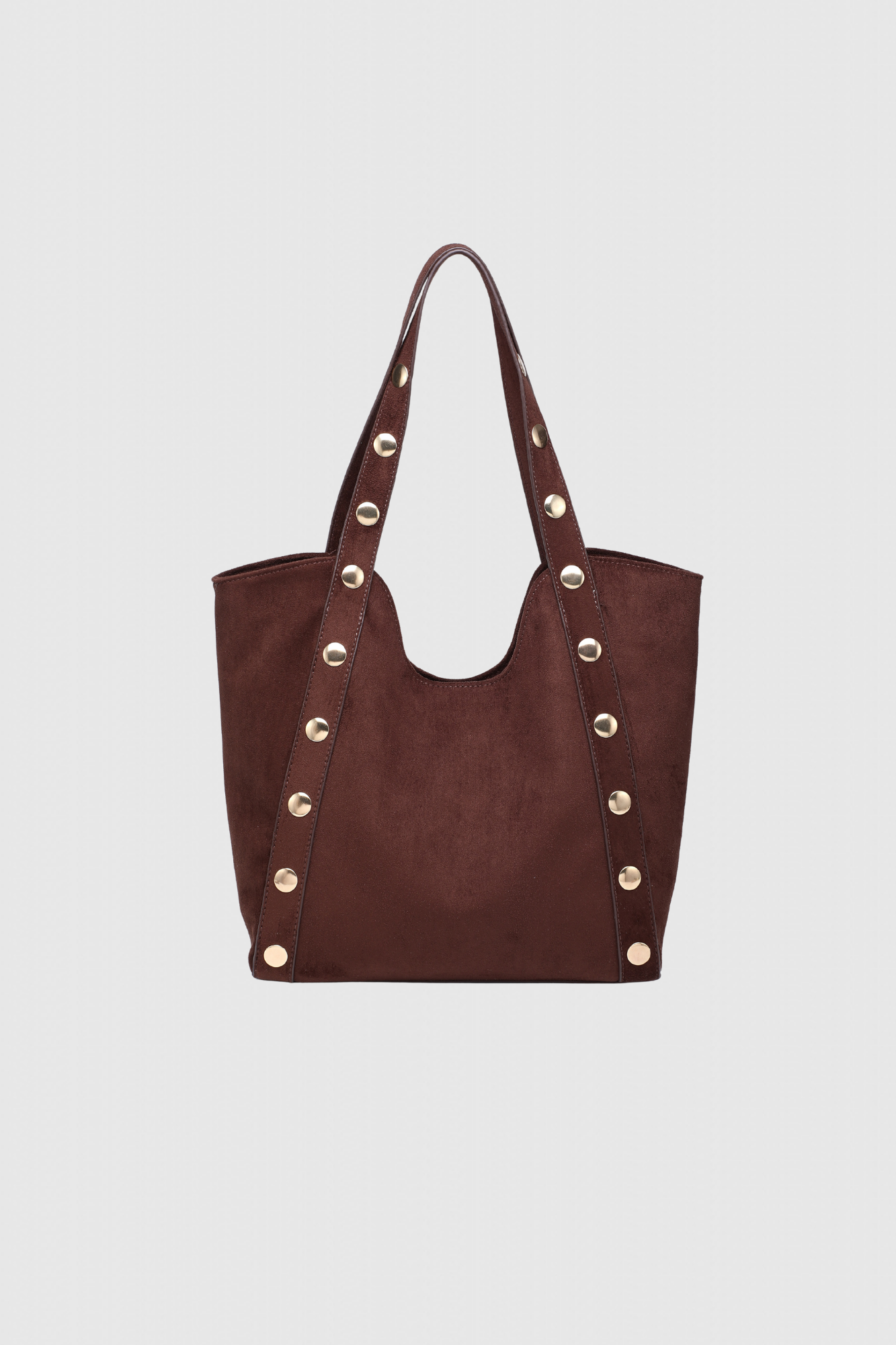 Sac shopper clouté élégant – Grand format polyvalent, en suède marron avec clous dorés, alliant style et fonctionnalité.