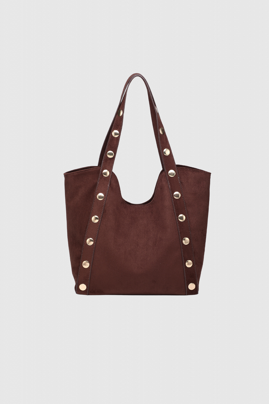 Sac shopper clouté élégant – Grand format polyvalent, en suède marron avec clous dorés, alliant style et fonctionnalité.