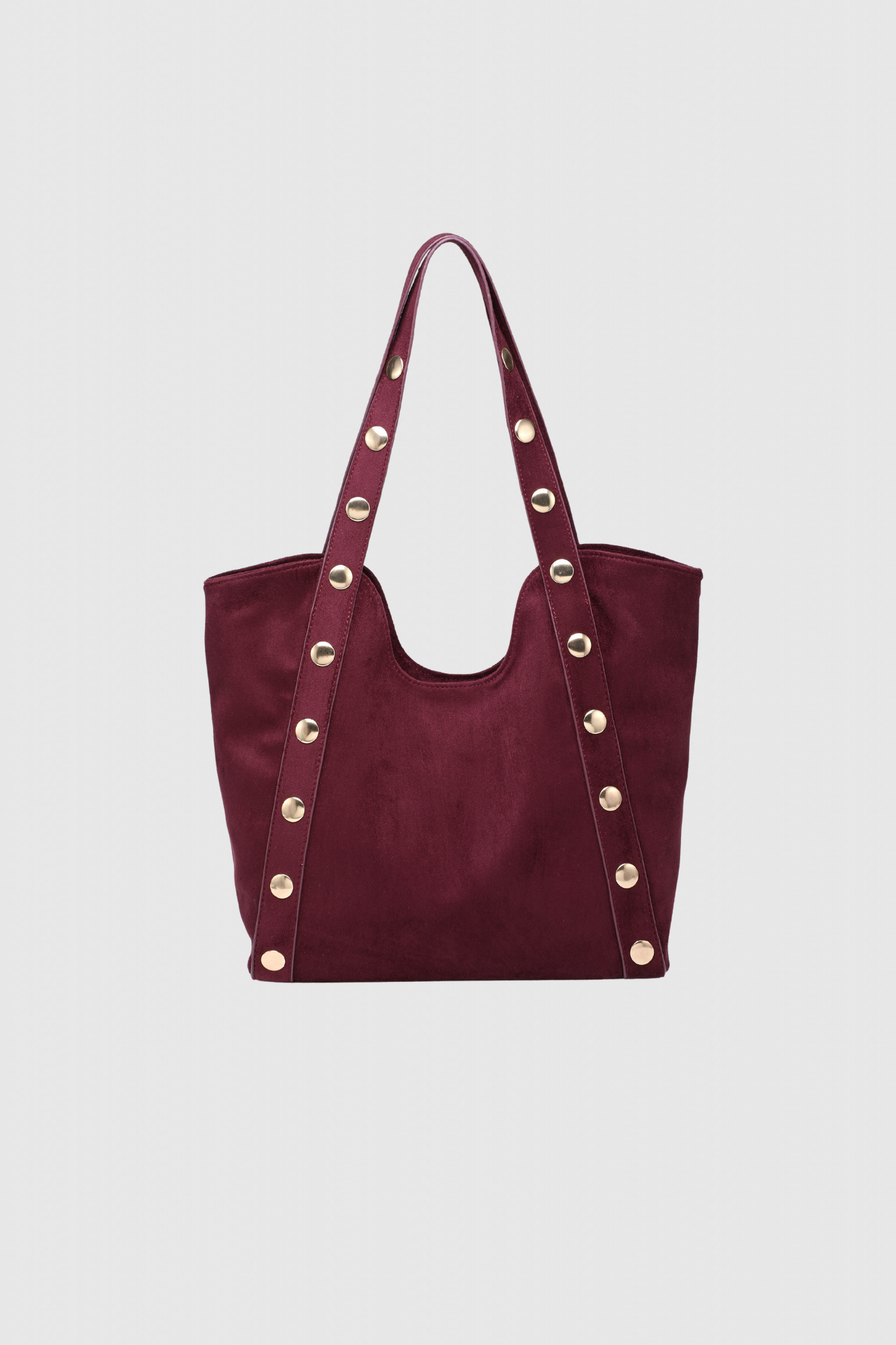 Sac shopper clouté élégant – Grand format polyvalent, en suède bordeaux avec détails cloutés, pour une allure tendance.