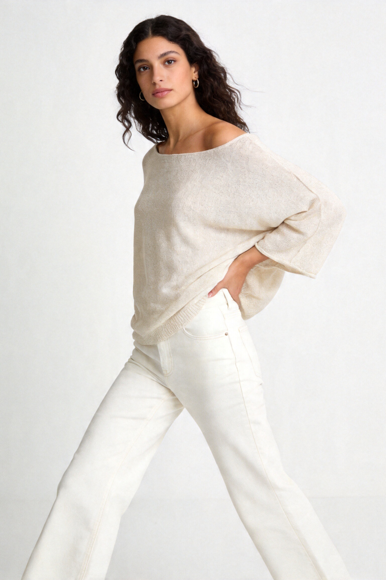 blouse taille haute femme beige manches 3 4